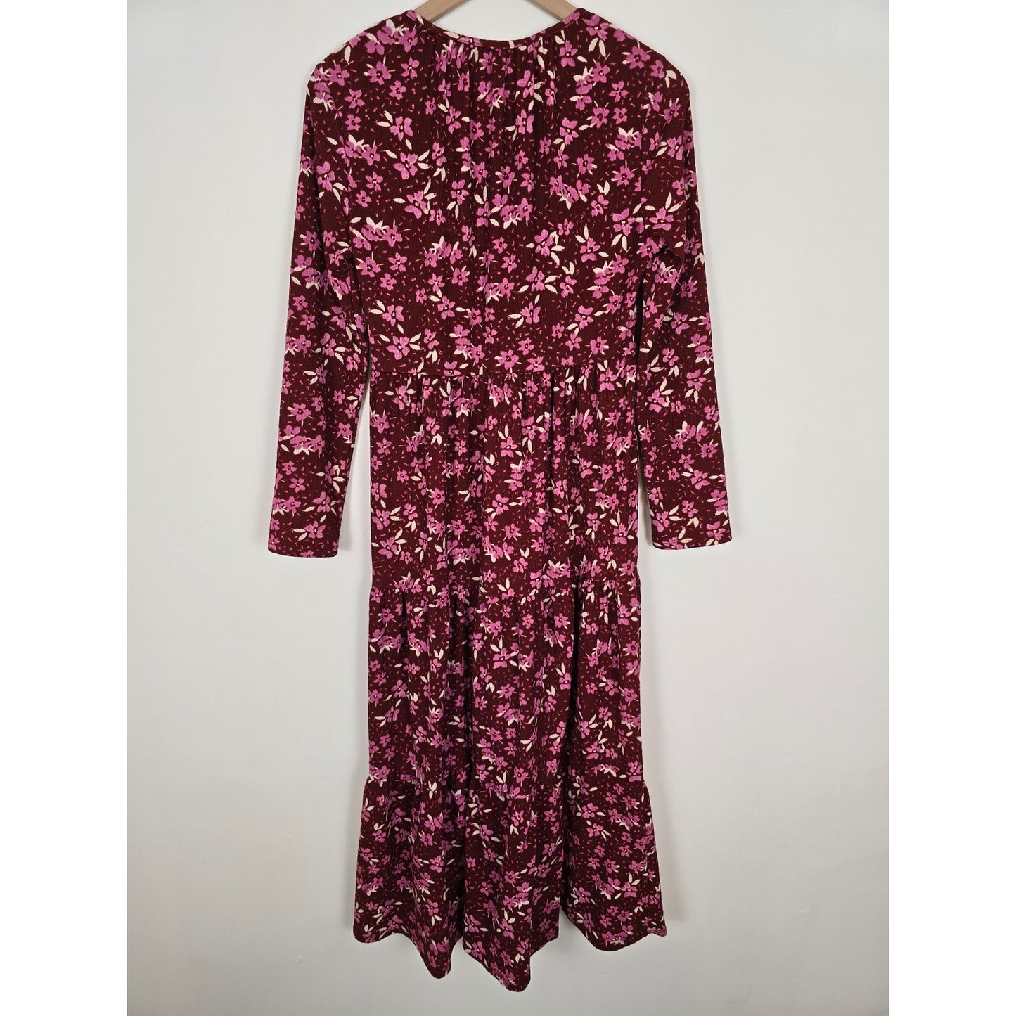 Red Pink Floral Tiered Midi Long Sleeve Dress Size M